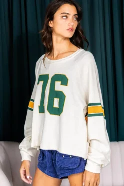 Best Dear-Lover Number 76 Printed Retro Sporty Long Sleeve Top White