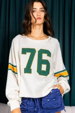 Best Dear-Lover Number 76 Printed Retro Sporty Long Sleeve Top White