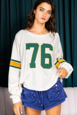 Best Dear-Lover Number 76 Printed Retro Sporty Long Sleeve Top White