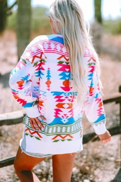 Sale Dear-Lover Oversize Aztec Print High Low V Neck Sweater White