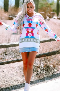 Sale Dear-Lover Oversize Aztec Print High Low V Neck Sweater White