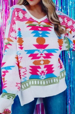 Sale Dear-Lover Oversize Aztec Print High Low V Neck Sweater White