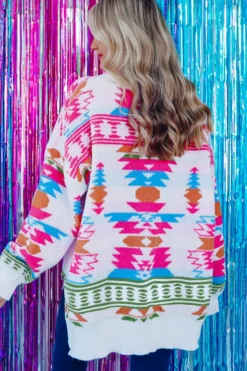 Sale Dear-Lover Oversize Aztec Print High Low V Neck Sweater White