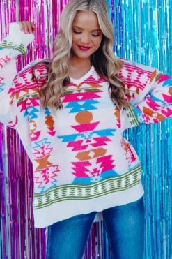 Sale Dear-Lover Oversize Aztec Print High Low V Neck Sweater White
