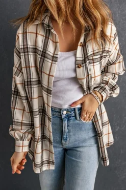 Outlet Dear-Lover Oversized Plaid Pattern Shacket with Slits White