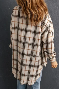 Outlet Dear-Lover Oversized Plaid Pattern Shacket with Slits White