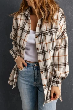Outlet Dear-Lover Oversized Plaid Pattern Shacket with Slits White