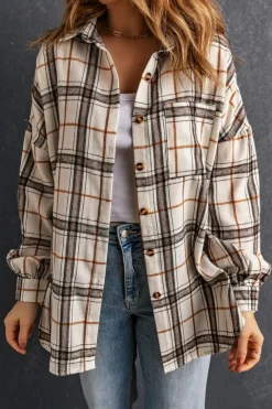 Outlet Dear-Lover Oversized Plaid Pattern Shacket with Slits White