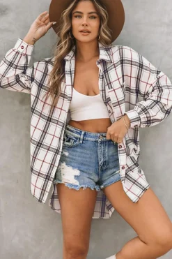 Outlet Dear-Lover Oversized Plaid Pattern Shacket with Slits White