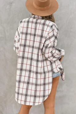 Outlet Dear-Lover Oversized Plaid Pattern Shacket with Slits White