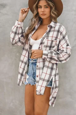 Outlet Dear-Lover Oversized Plaid Pattern Shacket with Slits White