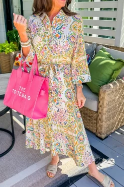New Dear-Lover Paisley Print Buttoned Knotted High Waist Midi Dress White
