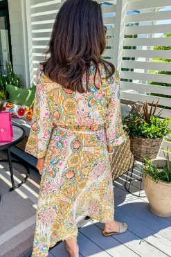 New Dear-Lover Paisley Print Buttoned Knotted High Waist Midi Dress White