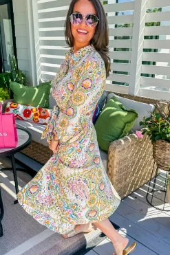 New Dear-Lover Paisley Print Buttoned Knotted High Waist Midi Dress White