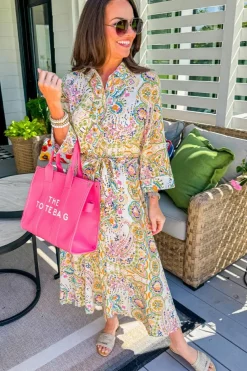 New Dear-Lover Paisley Print Buttoned Knotted High Waist Midi Dress White