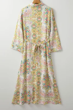 New Dear-Lover Paisley Print Buttoned Knotted High Waist Midi Dress White