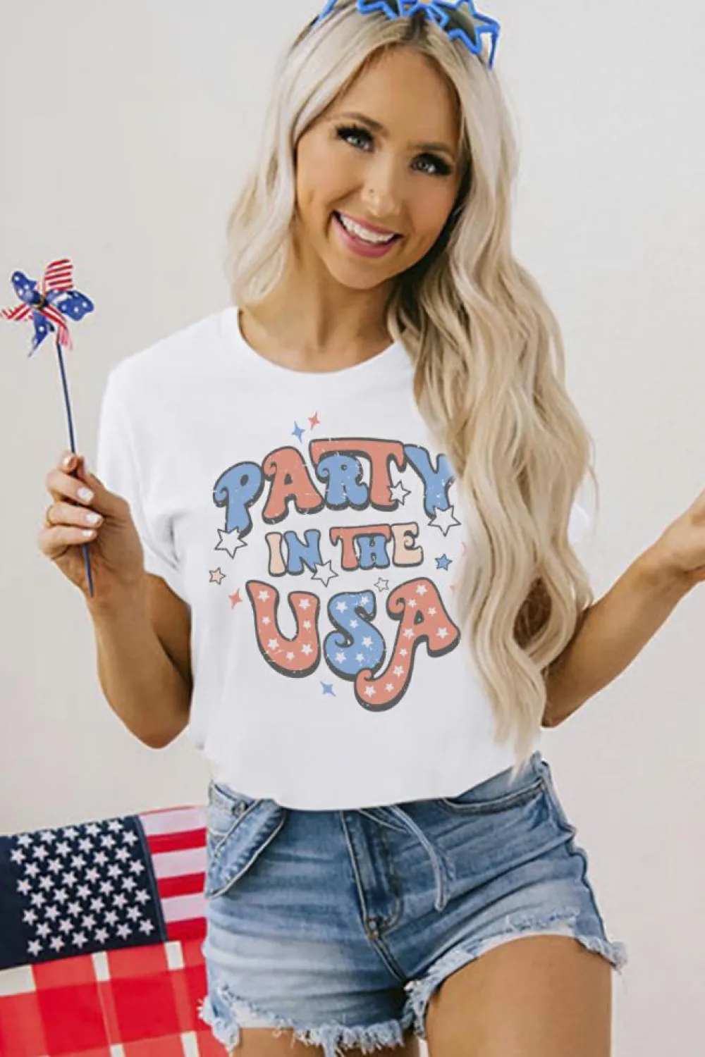 Online Dear-Lover PARTY IN THE USA Flag Fashion Graphic Tee White