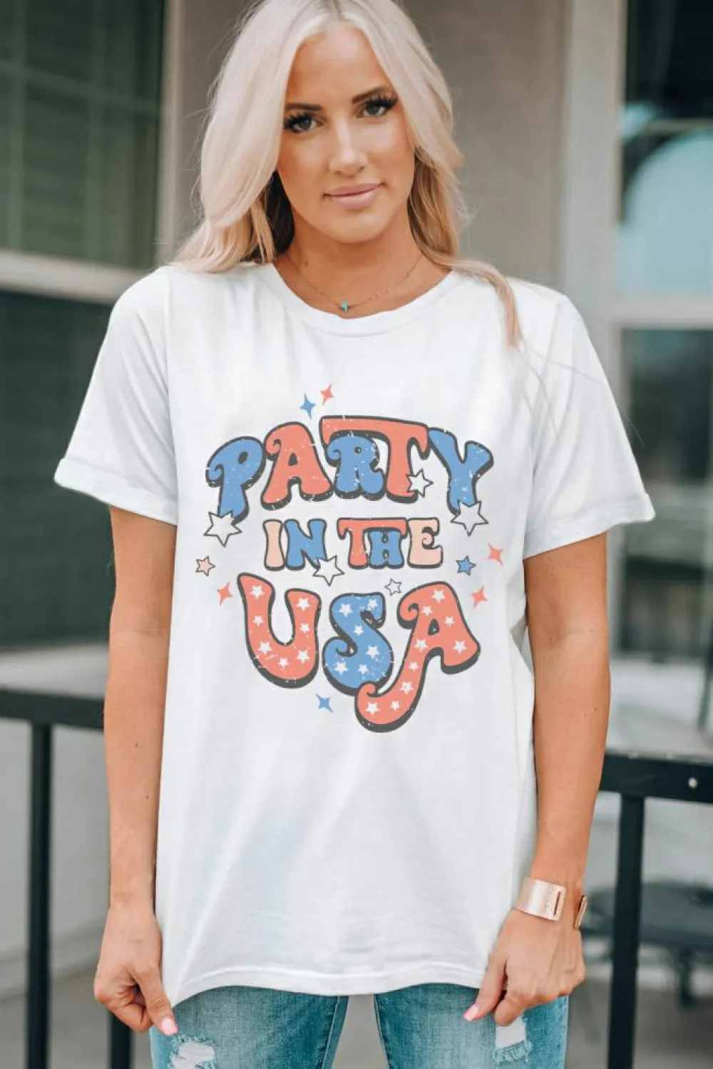 Online Dear-Lover PARTY IN THE USA Flag Fashion Graphic Tee White