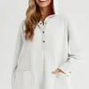 Discount Dear-Lover Patchwork Side Pockets Oversized Henley Hoodie White
