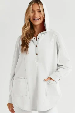 Discount Dear-Lover Patchwork Side Pockets Oversized Henley Hoodie White