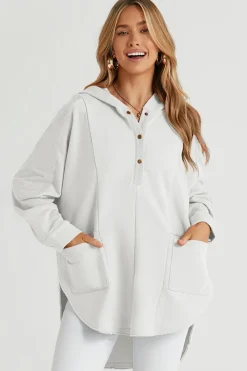 Discount Dear-Lover Patchwork Side Pockets Oversized Henley Hoodie White