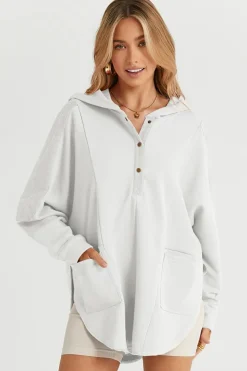Discount Dear-Lover Patchwork Side Pockets Oversized Henley Hoodie White