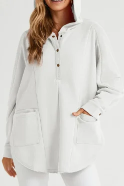 Discount Dear-Lover Patchwork Side Pockets Oversized Henley Hoodie White