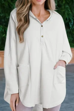 Discount Dear-Lover Patchwork Side Pockets Oversized Henley Hoodie White