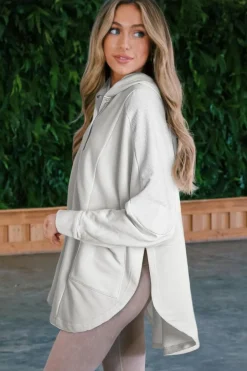 Discount Dear-Lover Patchwork Side Pockets Oversized Henley Hoodie White