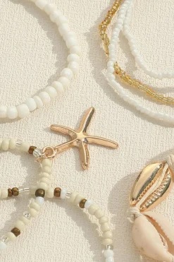 Discount Dear-Lover 7pcs Bohemian Shell Starfish Beaded Bracelets White