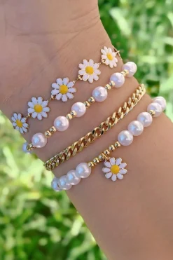 Clearance Dear-Lover 4pcs Daisy Pearl Beaded Chain Bracelet Set White