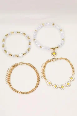 Clearance Dear-Lover 4pcs Daisy Pearl Beaded Chain Bracelet Set White
