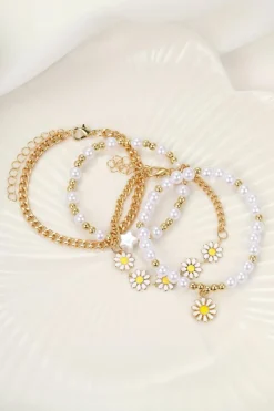 Clearance Dear-Lover 4pcs Daisy Pearl Beaded Chain Bracelet Set White