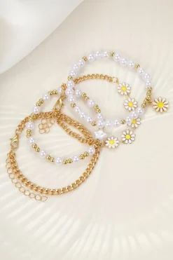 Clearance Dear-Lover 4pcs Daisy Pearl Beaded Chain Bracelet Set White