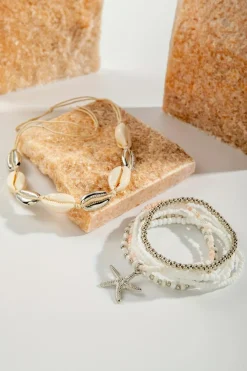 Clearance Dear-Lover 7pcs Starfish Seashell Beaded Bracelet Set White