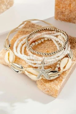 Clearance Dear-Lover 7pcs Starfish Seashell Beaded Bracelet Set White