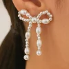 Fashion Dear-Lover Pearl Beaded Bowknot Studded Earrings White