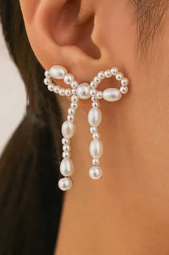Fashion Dear-Lover Pearl Beaded Bowknot Studded Earrings White