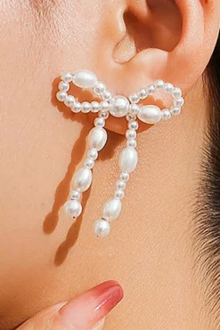 Fashion Dear-Lover Pearl Beaded Bowknot Studded Earrings White