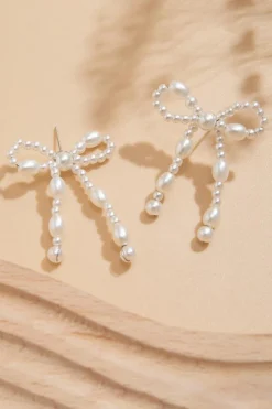 Fashion Dear-Lover Pearl Beaded Bowknot Studded Earrings White