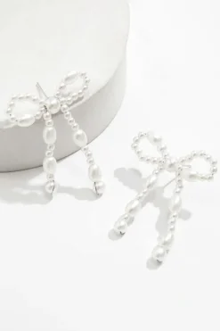 Fashion Dear-Lover Pearl Beaded Bowknot Studded Earrings White