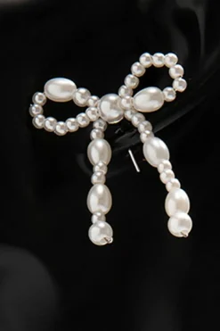 Fashion Dear-Lover Pearl Beaded Bowknot Studded Earrings White