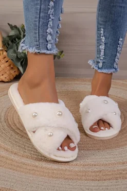 Sale Dear-Lover Pearl Decor Criss Cross Plush Slippers White