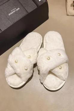 Sale Dear-Lover Pearl Decor Criss Cross Plush Slippers White