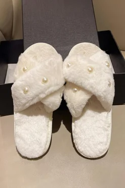 Sale Dear-Lover Pearl Decor Criss Cross Plush Slippers White