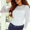 Hot Dear-Lover Pearl Decor Mesh Patchwork Ribbed Long Sleeve Top White