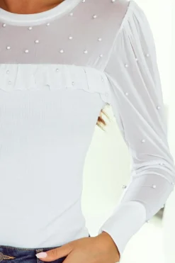 Hot Dear-Lover Pearl Decor Mesh Patchwork Ribbed Long Sleeve Top White