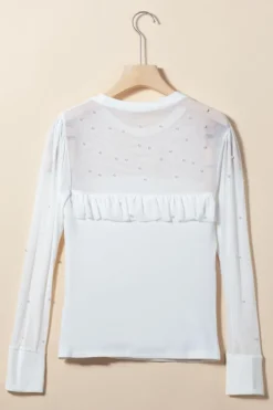 Hot Dear-Lover Pearl Decor Mesh Patchwork Ribbed Long Sleeve Top White