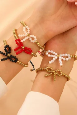 Discount Dear-Lover Pearled Bow Knot Plated Beads Adjustable Bracelet White
