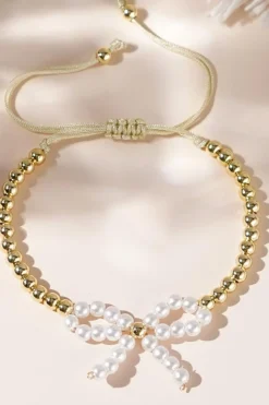Discount Dear-Lover Pearled Bow Knot Plated Beads Adjustable Bracelet White